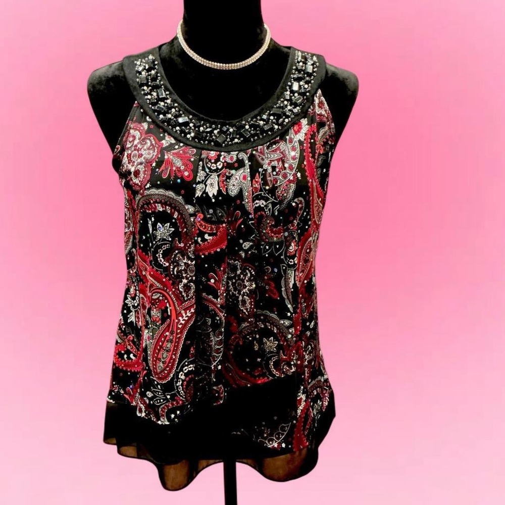 Dressbarn Black and Red Paisley Tank Top with Embellished Neckline